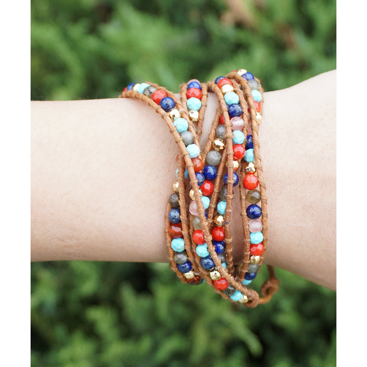 HOLIDAY CLEARANCE SALE! The Gypsy Love - 34" Multi-Color Beaded Brown Leather Wrap Bracelet Image 1