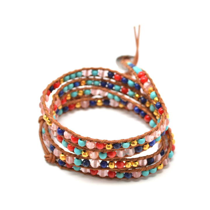 HOLIDAY CLEARANCE SALE! The Gypsy Love - 34" Multi-Color Beaded Brown Leather Wrap Bracelet Image 3