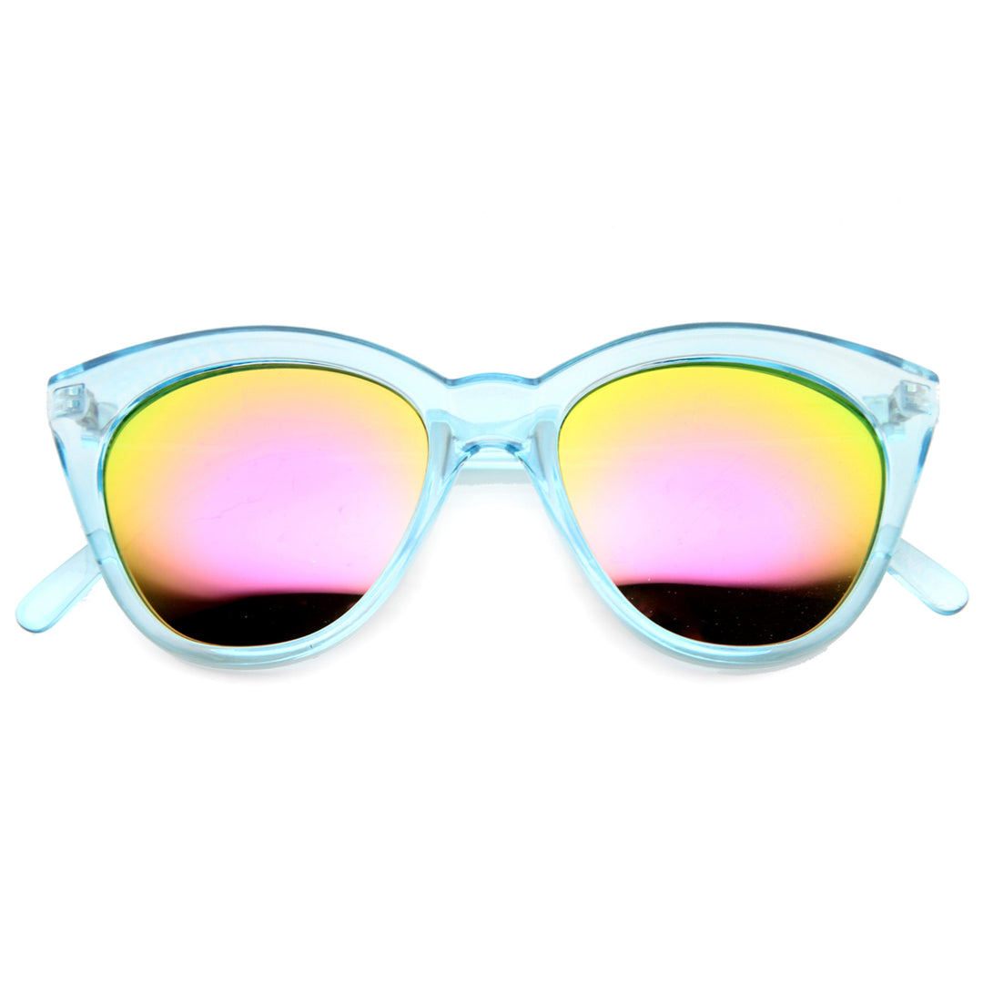 Womens Crystal Translucent Frame Flash Mirror Lens Round Cat Eye Sunglasses 52mm 9839 Image 4
