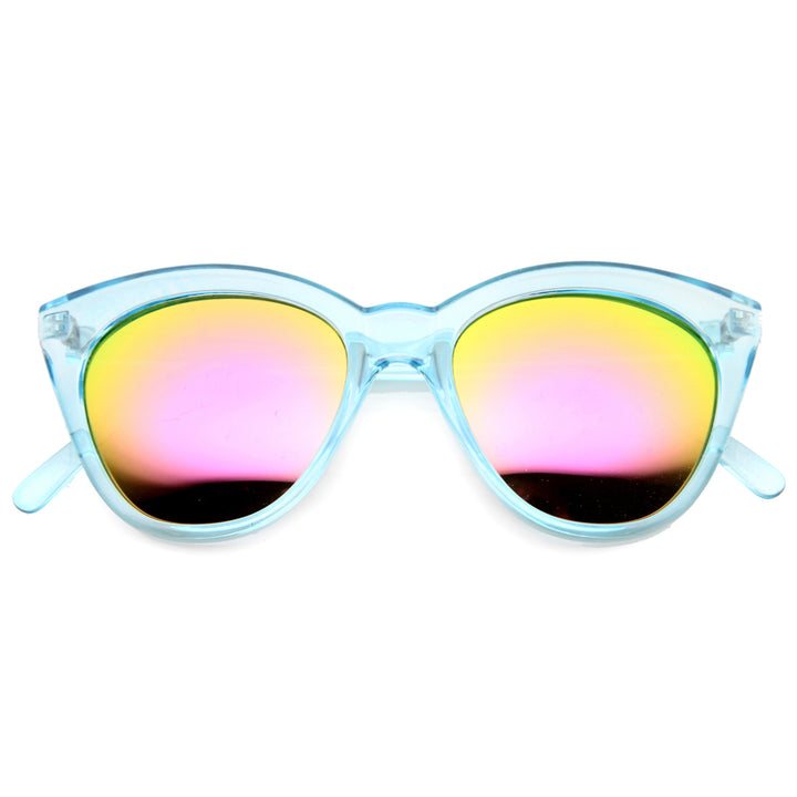 Womens Crystal Translucent Frame Flash Mirror Lens Round Cat Eye Sunglasses 52mm 9839 Image 4