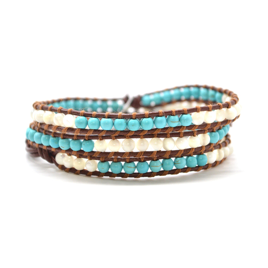 HOLIDAY CLEARANCE SALE! The Infinite Sky - 23" Turquoise and White Beaded Brown Leather Wrap Bracelet Image 1