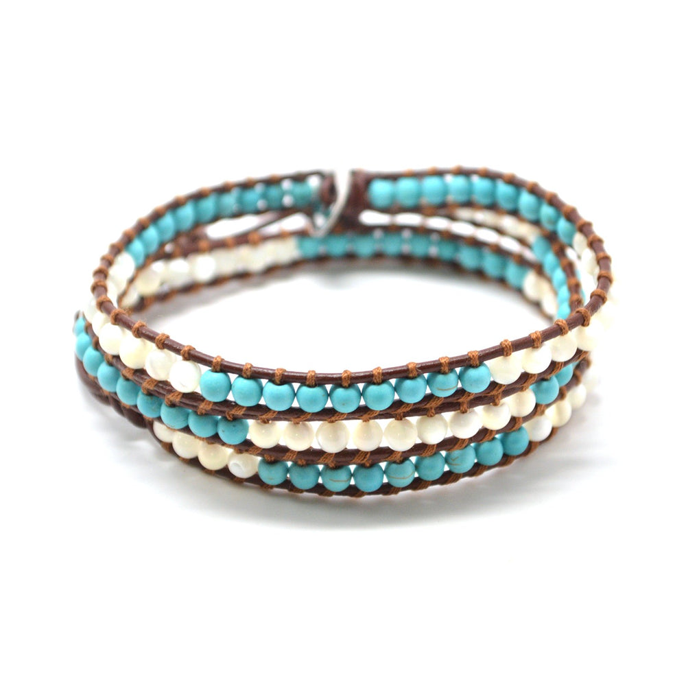 HOLIDAY CLEARANCE SALE! The Infinite Sky - 23" Turquoise and White Beaded Brown Leather Wrap Bracelet Image 2