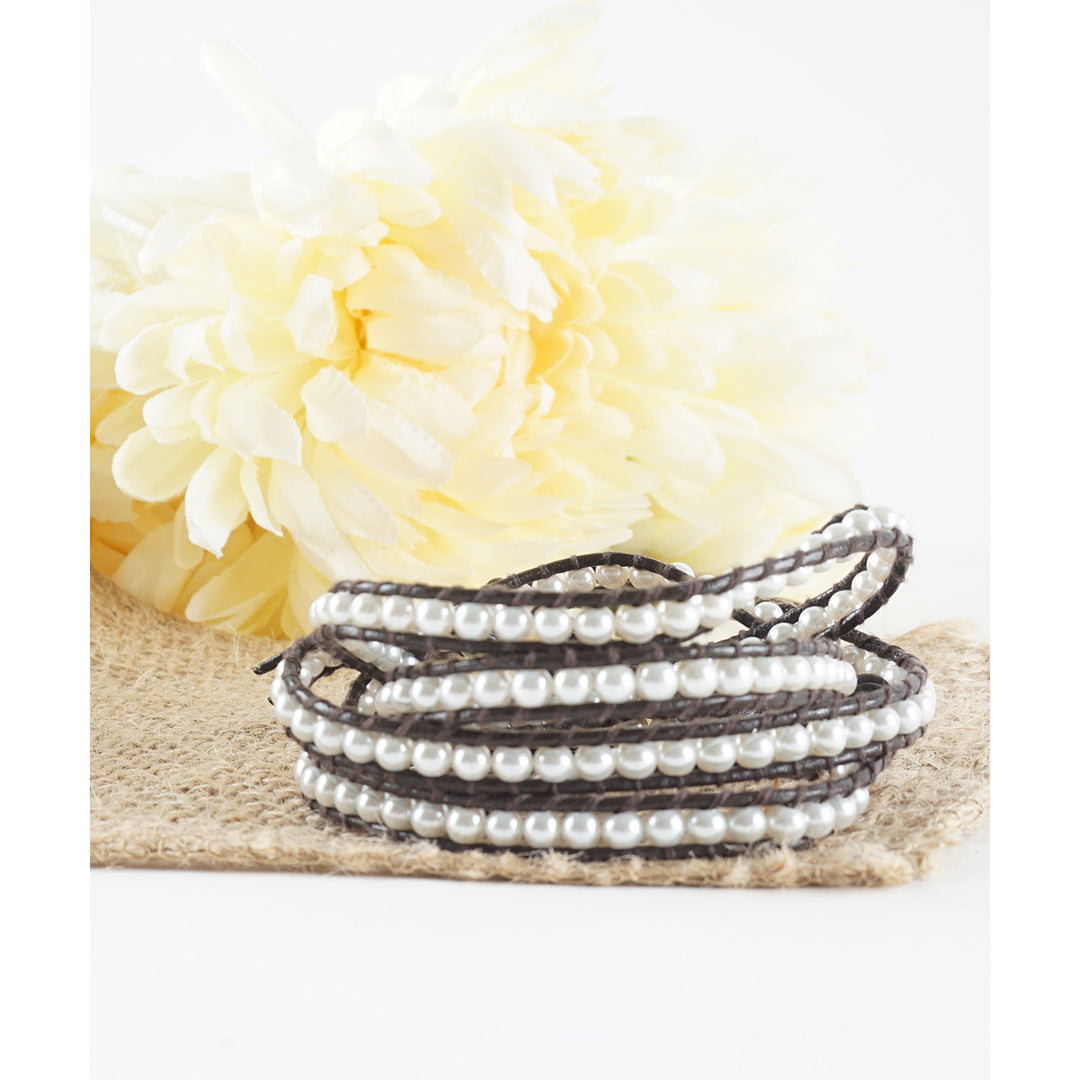 HOLIDAY CLEARANCE SALE! The Timeless Beauty - 34" Synthetic Pearls Brown Leather Wrap Bracelet Image 1