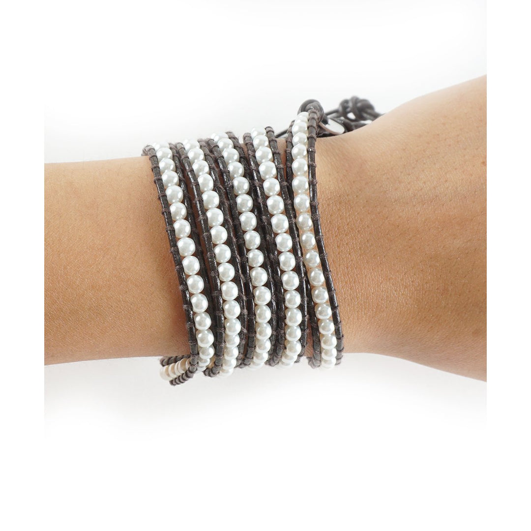 HOLIDAY CLEARANCE SALE! The Timeless Beauty - 34" Synthetic Pearls Brown Leather Wrap Bracelet Image 2