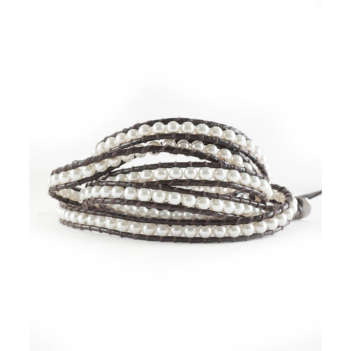 HOLIDAY CLEARANCE SALE! The Timeless Beauty - 34" Synthetic Pearls Brown Leather Wrap Bracelet Image 3