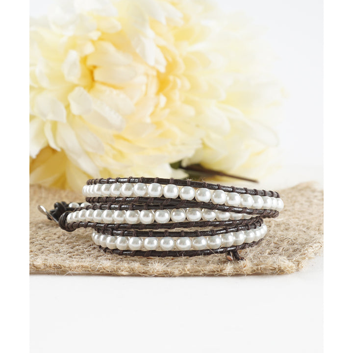 HOLIDAY CLEARANCE SALE! The Timeless Beauty - 23" Synthetic Pearls Brown Leather Wrap Bracelet Image 1