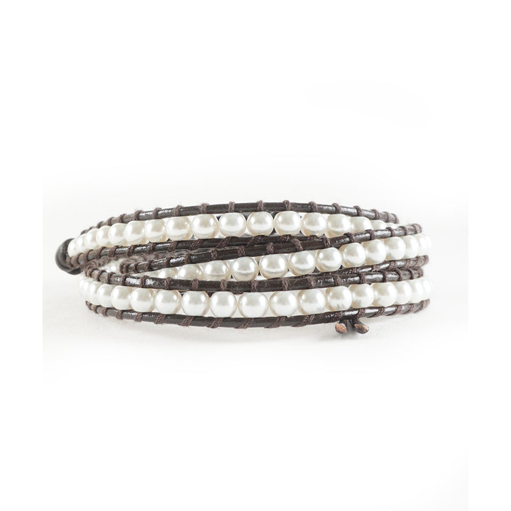 HOLIDAY CLEARANCE SALE! The Timeless Beauty - 23" Synthetic Pearls Brown Leather Wrap Bracelet Image 3