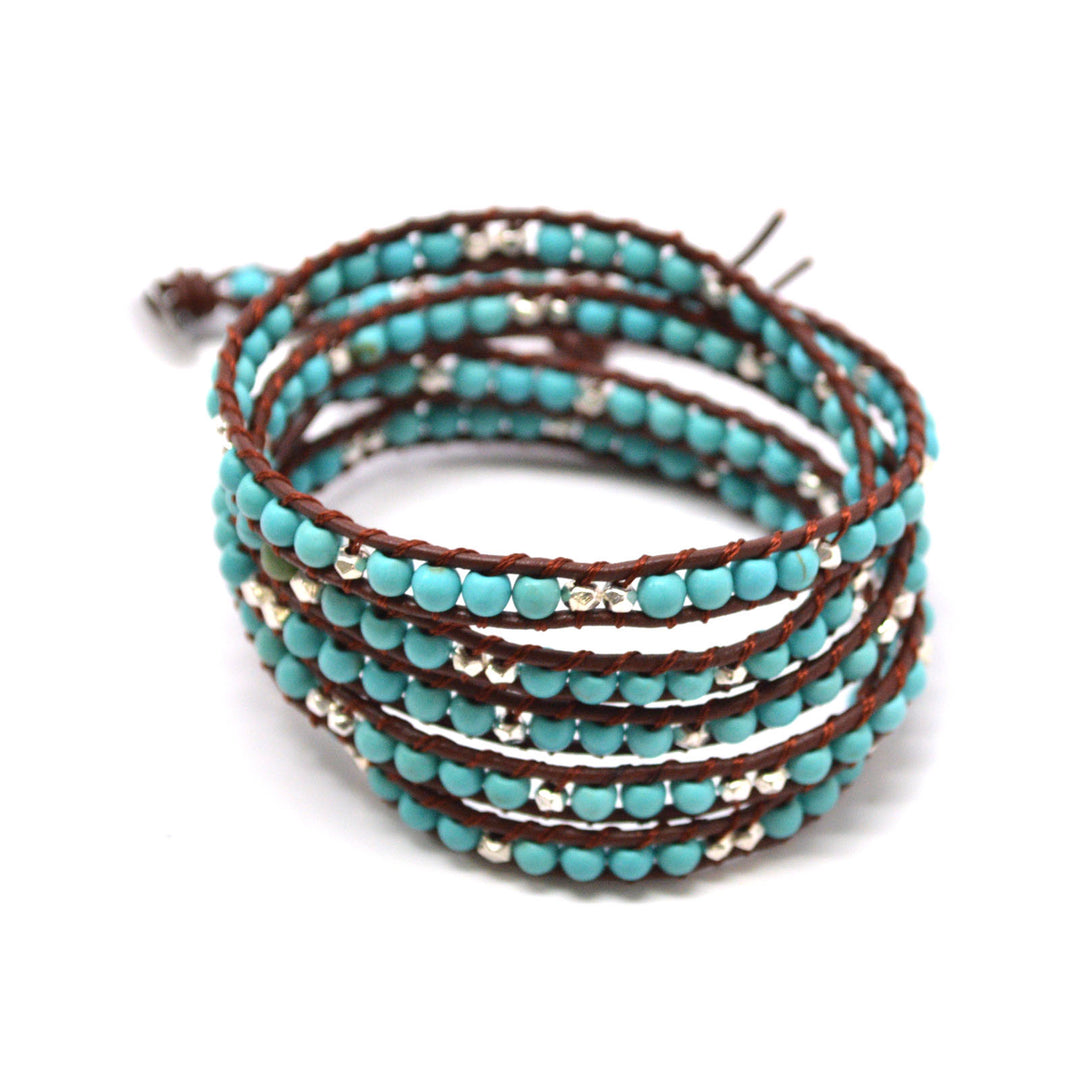 Crystal Republic - 23" Turquoise and Metallic Beaded Brown Leather Wrap Bracelet Image 2