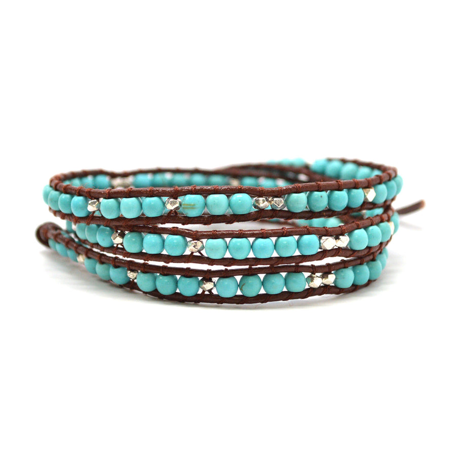 HOLIDAY CLEARANCE SALE! The Crystal Republic - 23" Turquoise and Metallic Beaded Brown Leather Wrap Bracelet Image 1