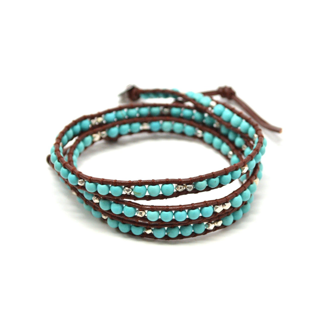 HOLIDAY CLEARANCE SALE! The Crystal Republic - 23" Turquoise and Metallic Beaded Brown Leather Wrap Bracelet Image 2