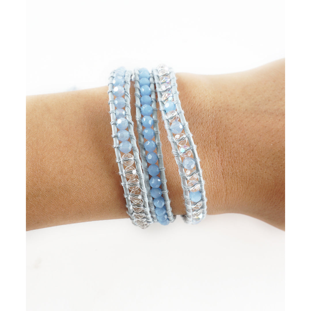 HOLIDAY CLEARANCE SALE! The Illusionist - 23" Frosted Light Blue and Clear Beaded Light Gray Leather Wrap Bracelet Image 1