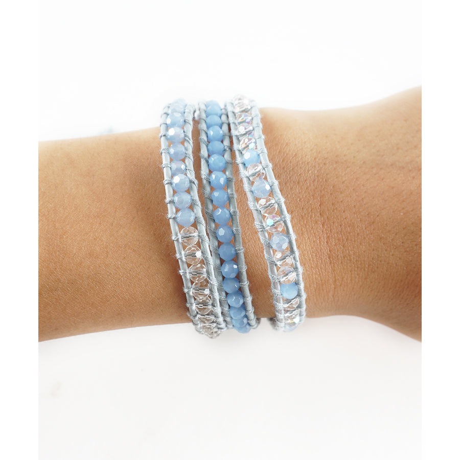 HOLIDAY CLEARANCE SALE! The Illusionist - 23" Frosted Light Blue and Clear Beaded Light Gray Leather Wrap Bracelet Image 1