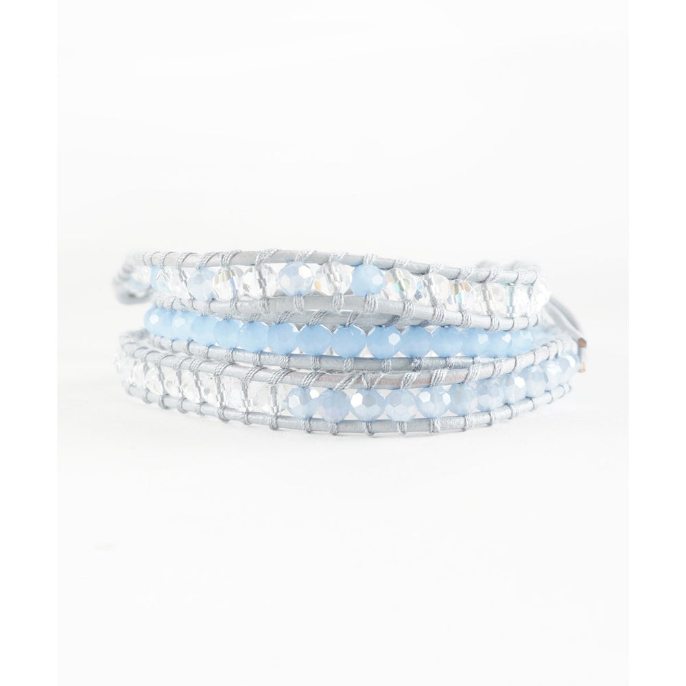 HOLIDAY CLEARANCE SALE! The Illusionist - 23" Frosted Light Blue and Clear Beaded Light Gray Leather Wrap Bracelet Image 2