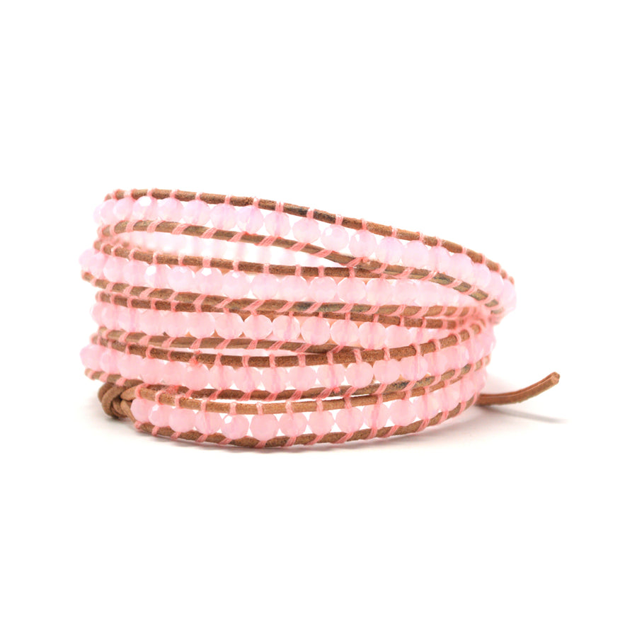 The Sweetheart - 23" or 34" Baby Pink Beaded Light Brown Leather Wrap Bracelet Image 1