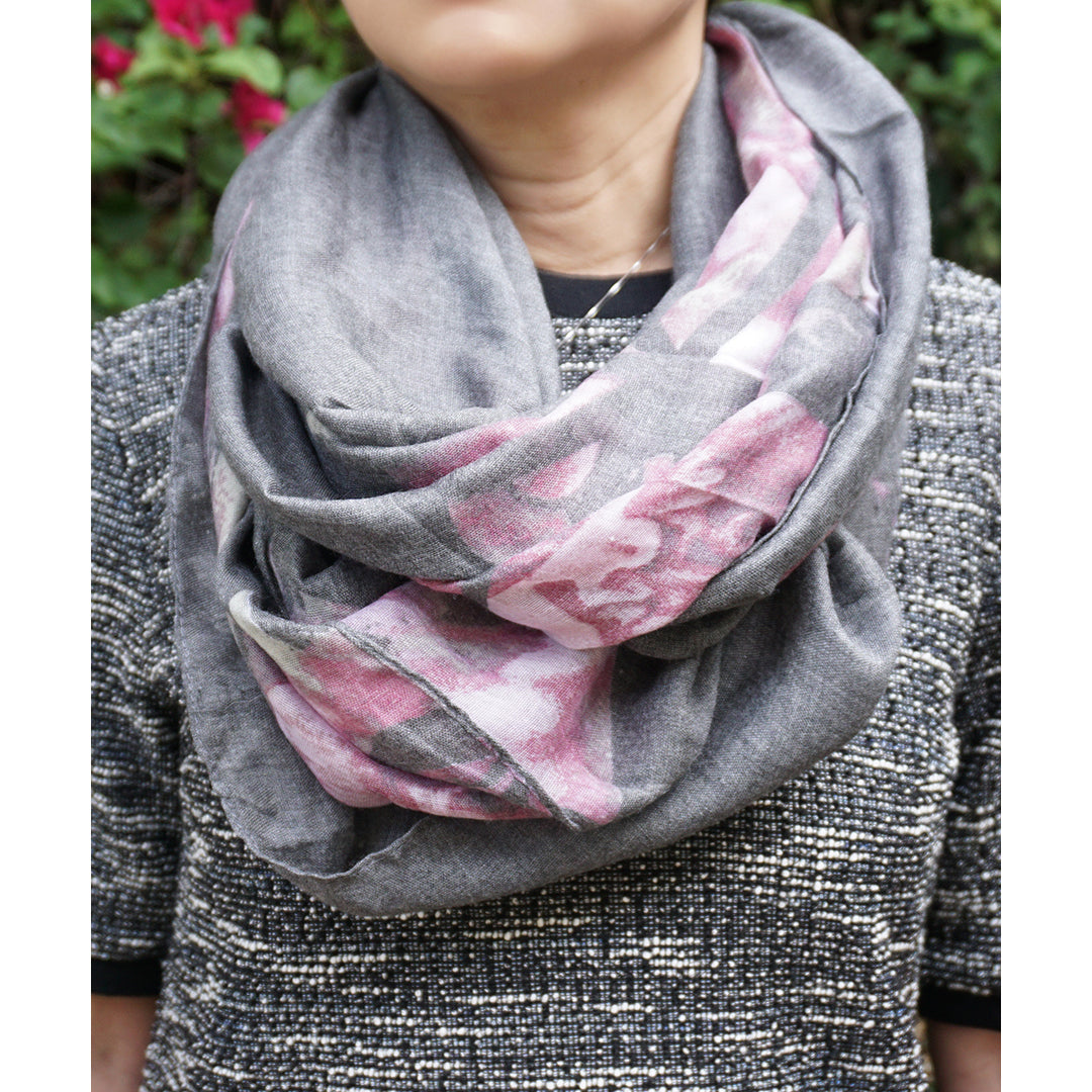 Faded Black Floral Print Geometric Design Infinity Scarf Image 1