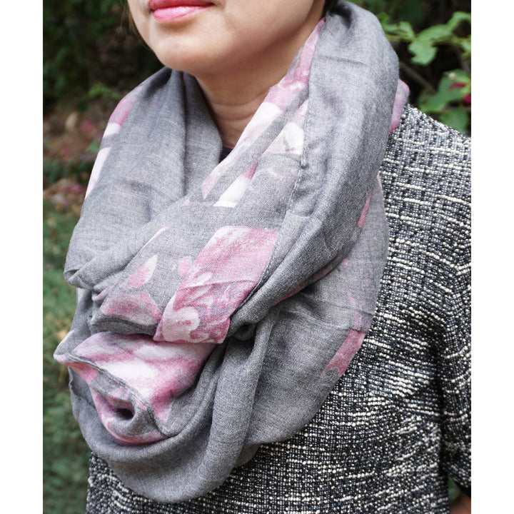 Faded Black Floral Print Geometric Design Infinity Scarf Image 2