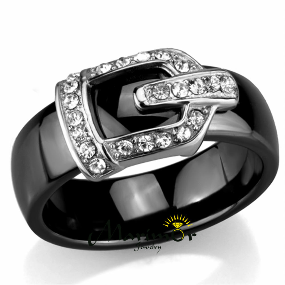 Stainless Steel Black Ceramic 6mm Wide Crystal Buckle Rings Size 6 - 8 Image 4