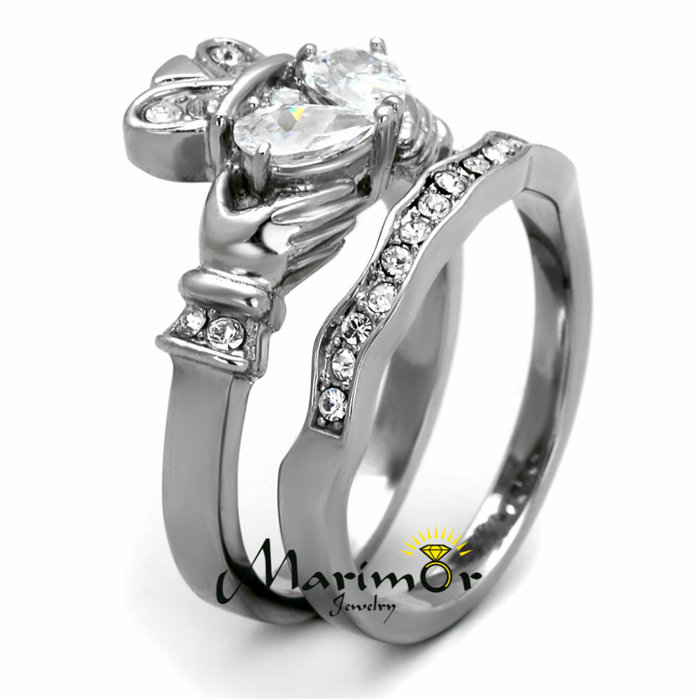 Stainless Steel Irish Claddagh AAA CZ Wedding Ring Band Set Womens Size 5-10 Image 2