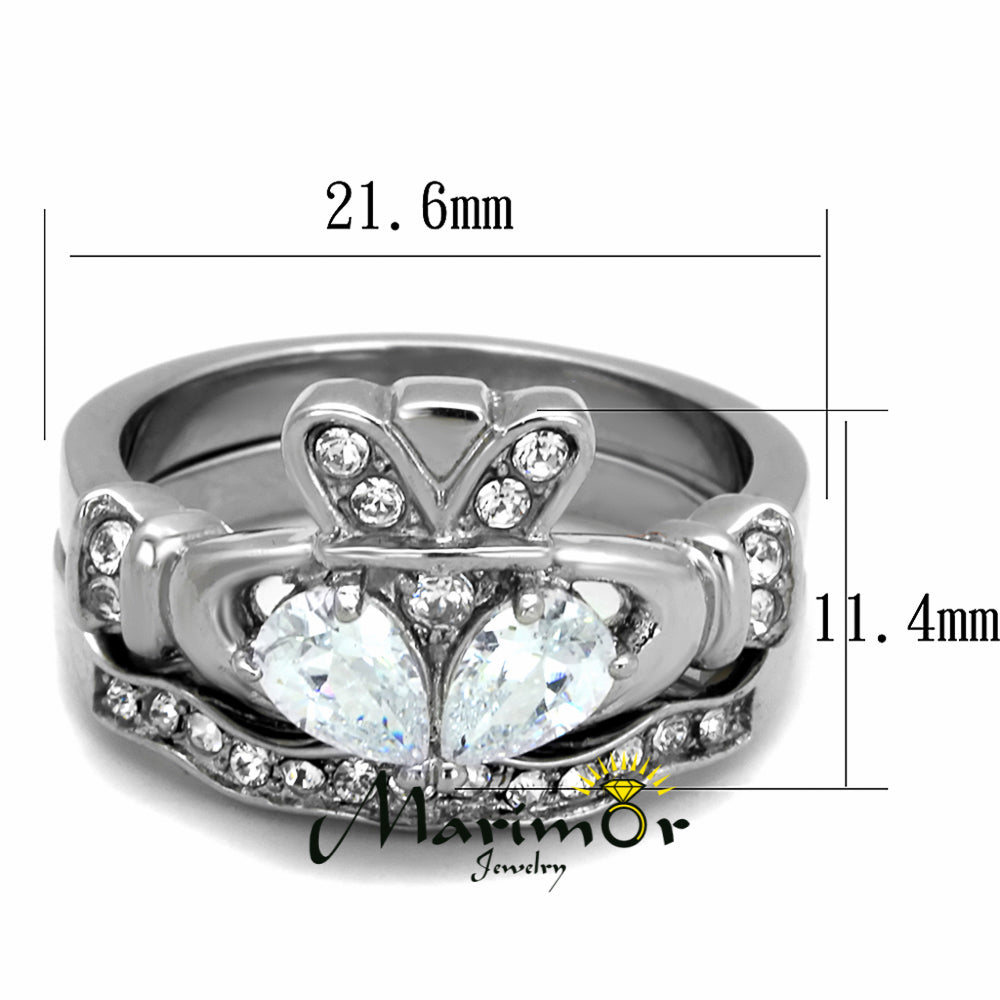 Stainless Steel Irish Claddagh AAA CZ Wedding Ring Band Set Womens Size 5-10 Image 4