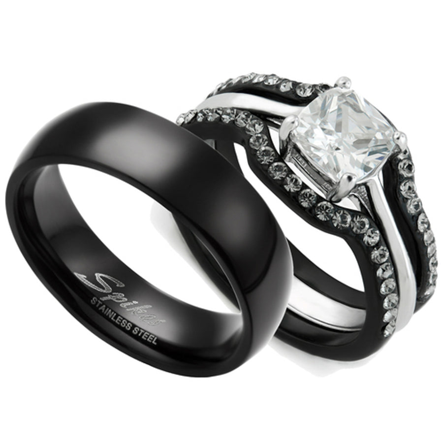 Black Stainless Steel His and Hers 4pc Wedding Engagement Ring and Classic Band Set Image 1