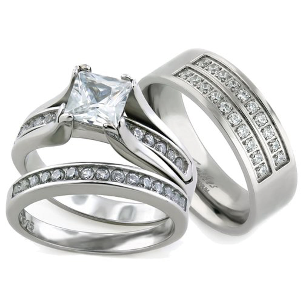 Her and His 3pc Titanium and Silver Stainless Steel Wedding Engagement Ring Band Set Image 1