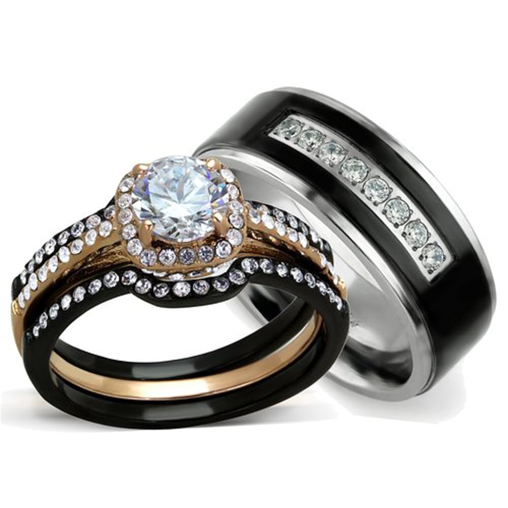 Hers and His 3 PC Rose Gold Stainless Steel Wedding Ring Set and Black Titanium Band Image 1