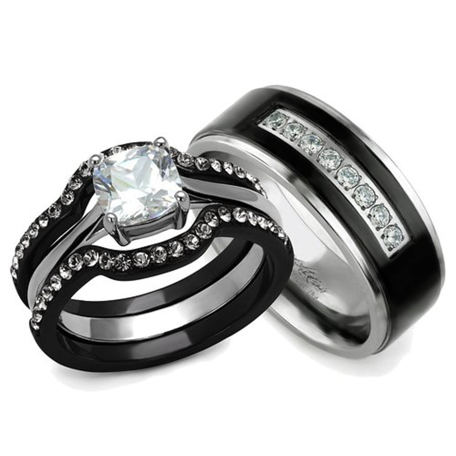 His and Her 4pc Black and Silver Stainless Steel and Titanium Wedding Ring Band Set Image 1