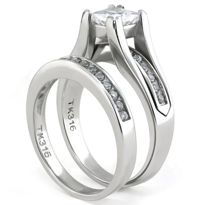 Her and His 3pc Titanium and Silver Stainless Steel Wedding Engagement Ring Band Set Image 4