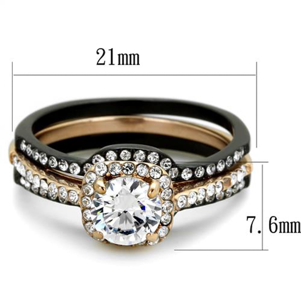 Hers and His 3 PC Rose Gold Stainless Steel Wedding Ring Set and Black Titanium Band Image 4