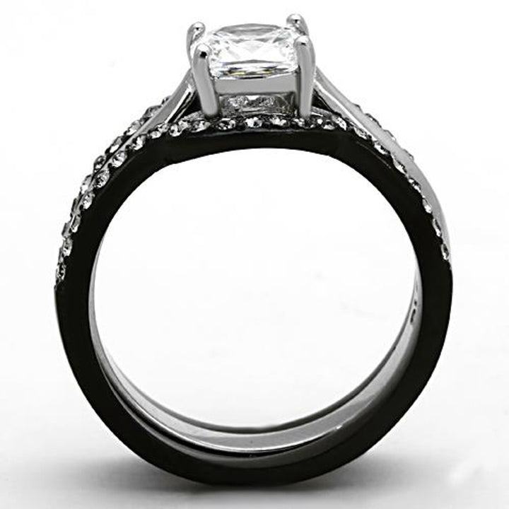 His and Her 4pc Black and Silver Stainless Steel and Titanium Wedding Ring Band Set Image 6