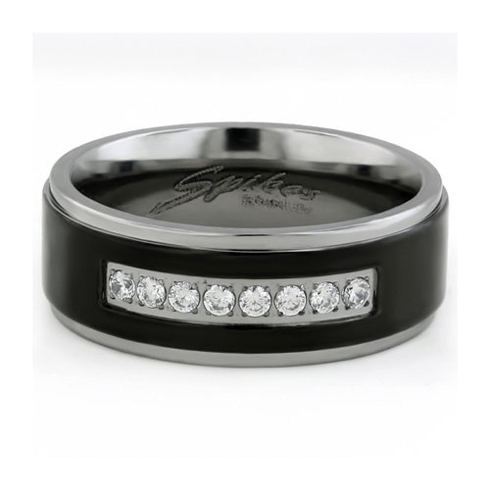 Solid Titanium Black IP Center Cubic Zirconia Comfort Fit Wedding Mens Band Image 2