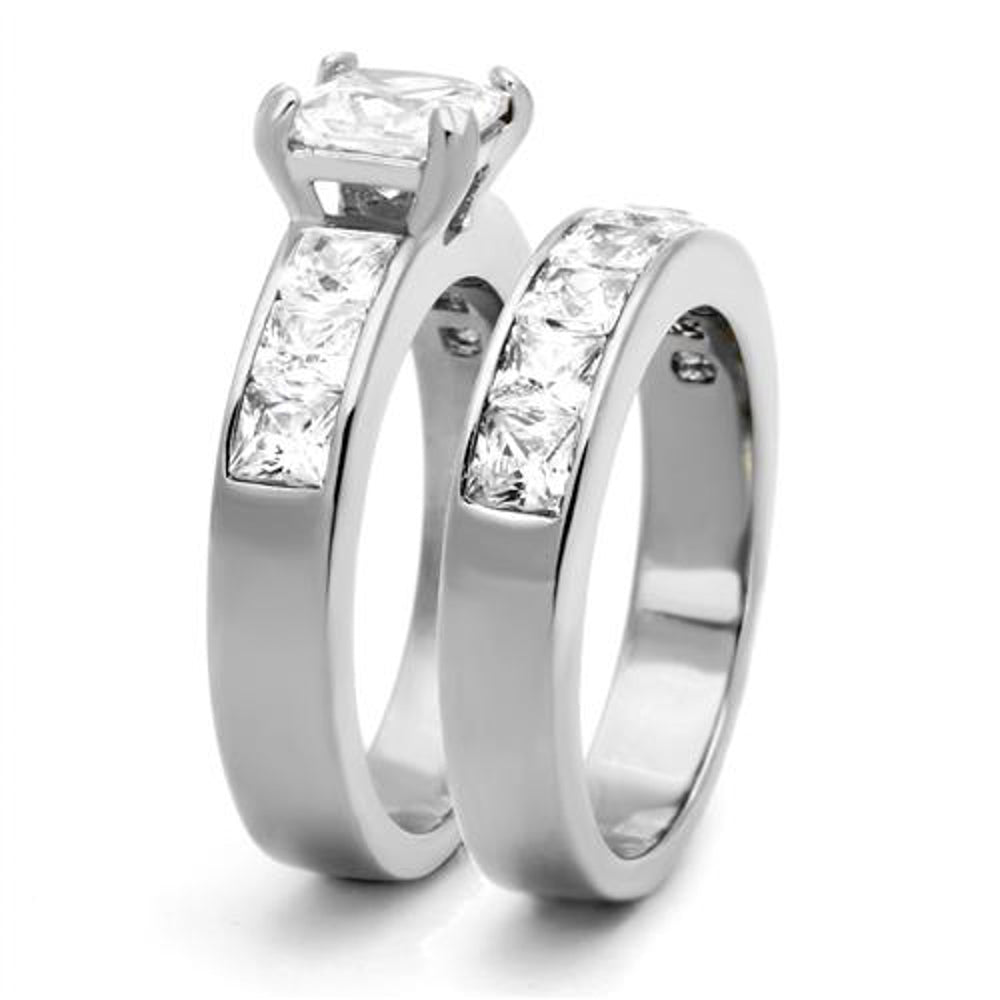 His and Her 3pc Princess Wedding Engagement Ring and Mens Band Stainless Steel Set Image 2