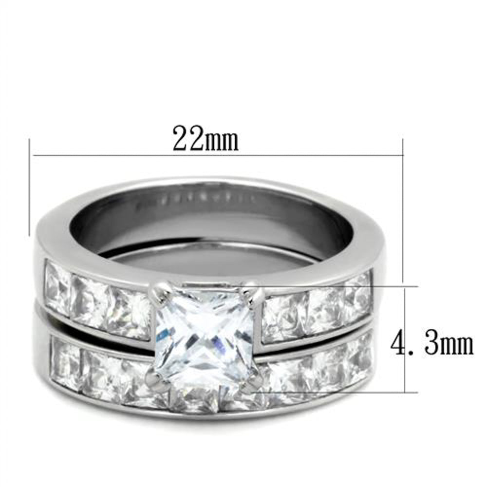 His and Her 3pc Princess Wedding Engagement Ring and Mens Band Stainless Steel Set Image 4