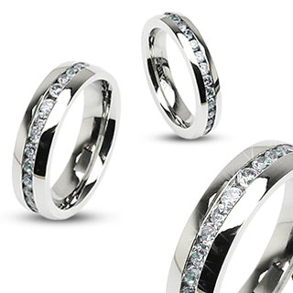 Stainless Steel Hers and His Princess Wedding Ring Set and Eternity Wedding Band Image 3