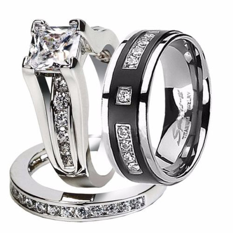 Hers and His Stainless Steel Princess Wedding Ring Set and Titanium Wedding Band Image 1