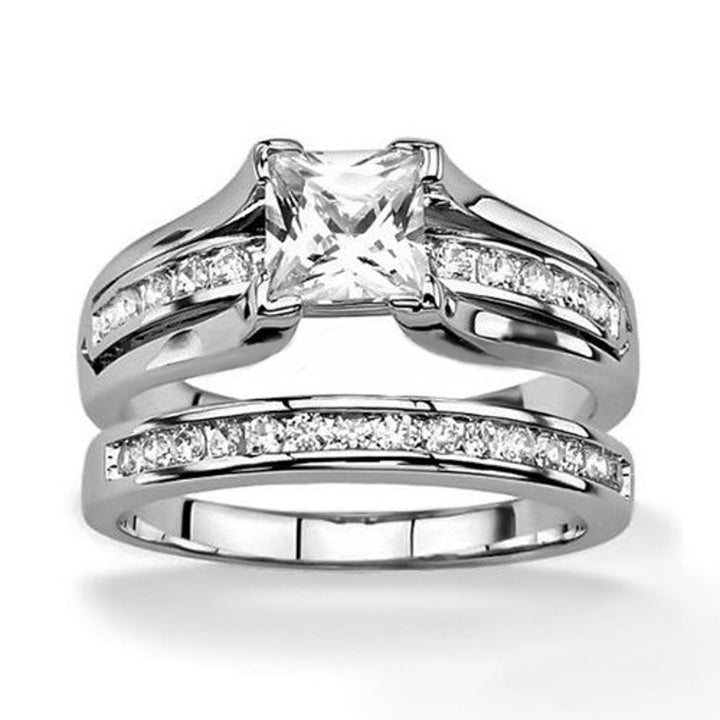 Hers and His Stainless Steel Princess Wedding Ring Set and Titanium Wedding Band Image 2