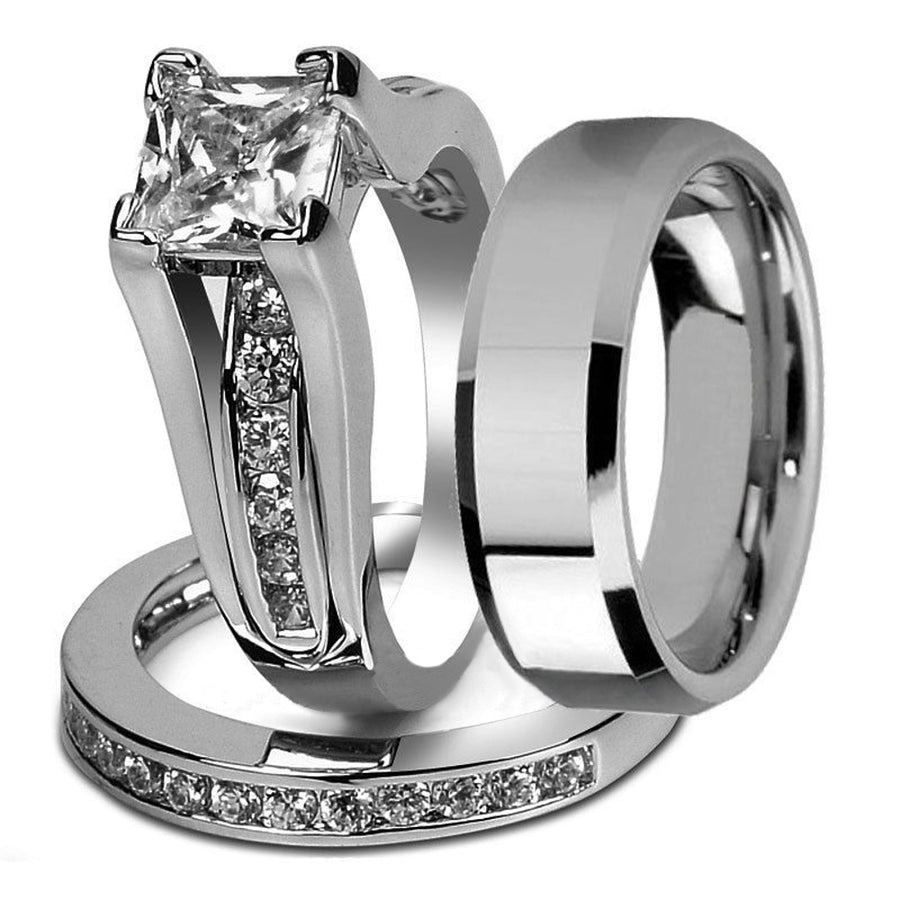 His and Hers Stainless Steel Princess Wedding Ring Set and Beveled Edge Wedding Band Image 1