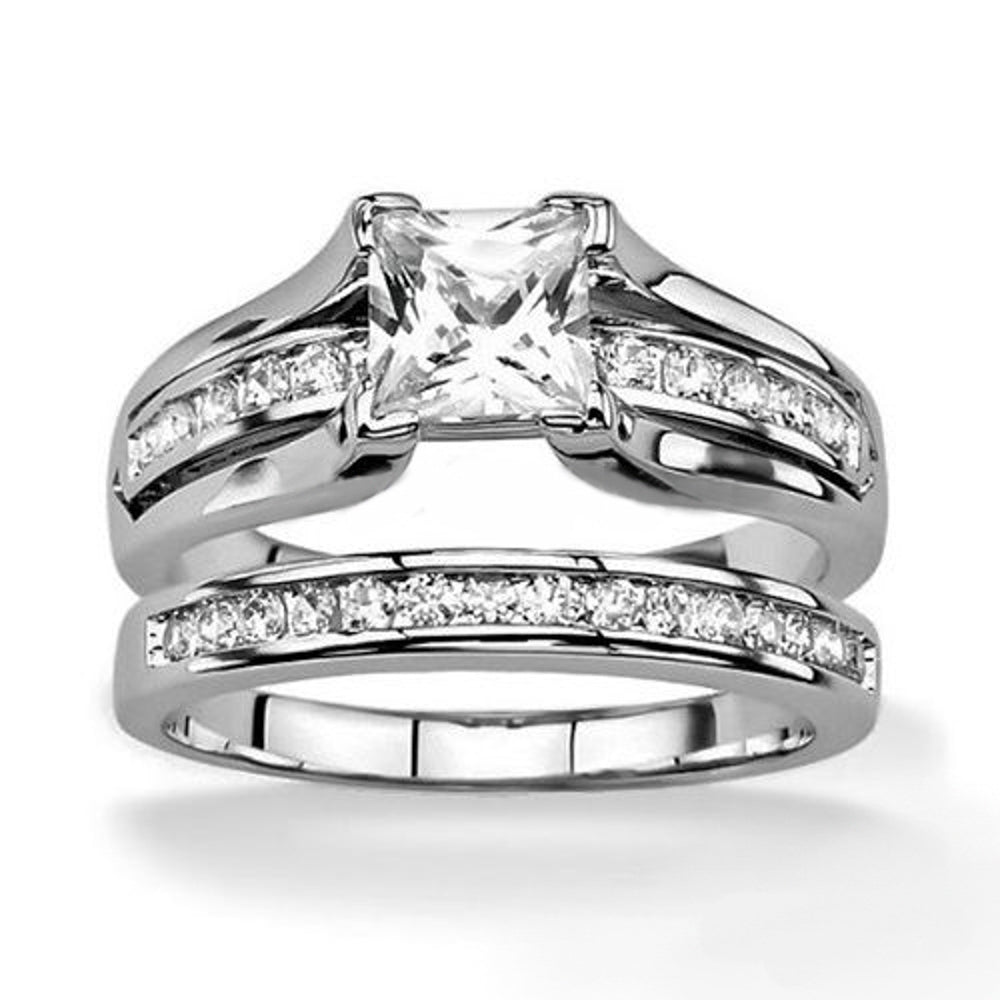 His and Hers Stainless Steel Princess Wedding Ring Set and Beveled Edge Wedding Band Image 2