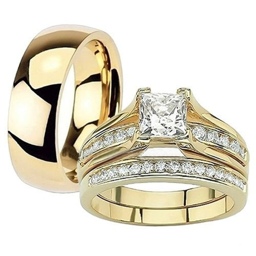 Her and His 14K G.P. Stainless Steel 3pc Wedding Engagement Ring and Mens Band Set Image 1