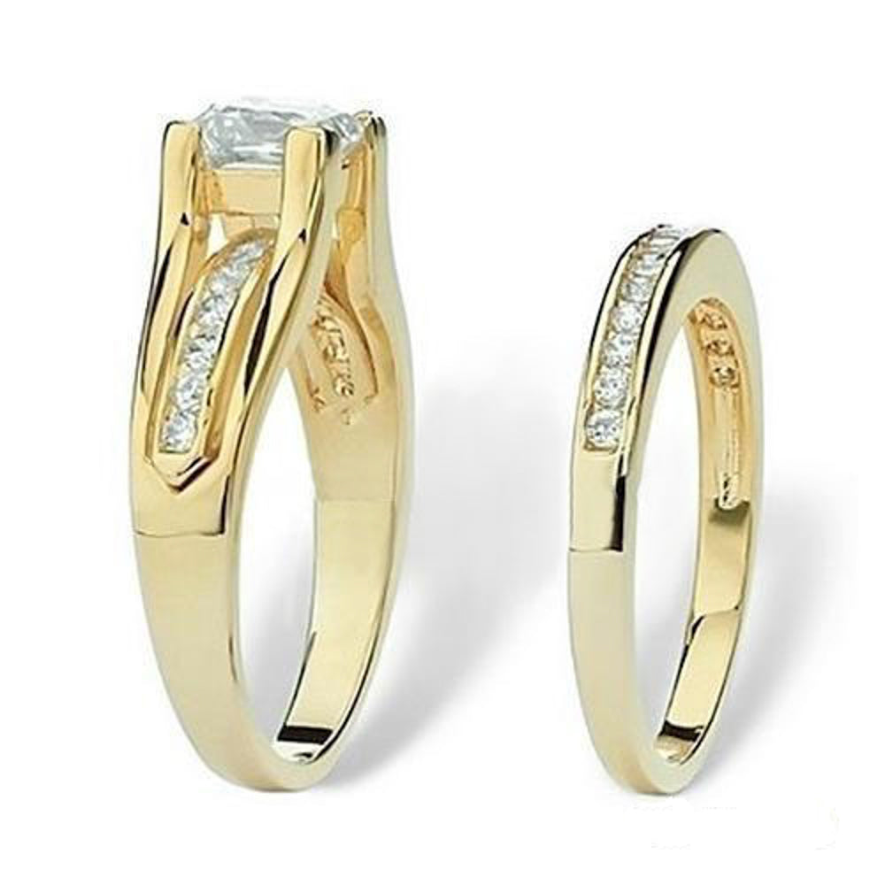 Her and His 14K G.P. Stainless Steel 3pc Wedding Engagement Ring and Mens Band Set Image 2