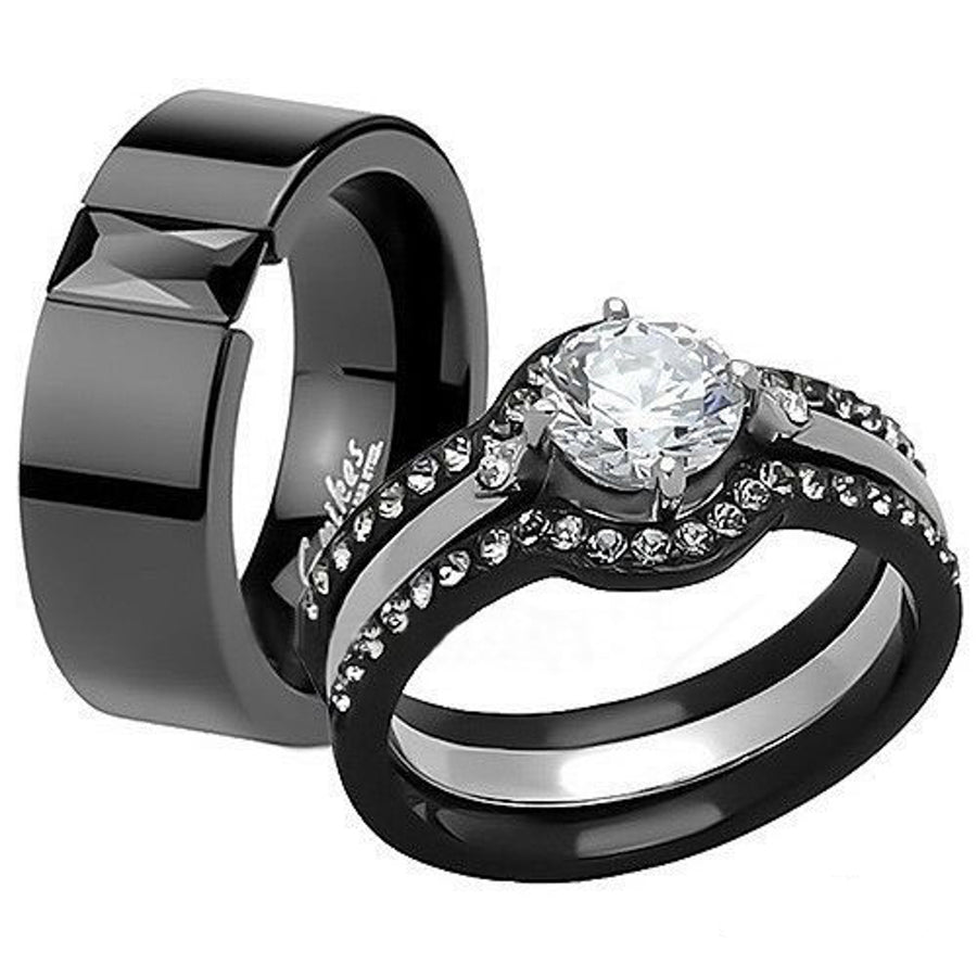 His and Hers 4 Pc Black Ion Plated Stainless Steel Wedding Engagement Ring Band Set Image 1
