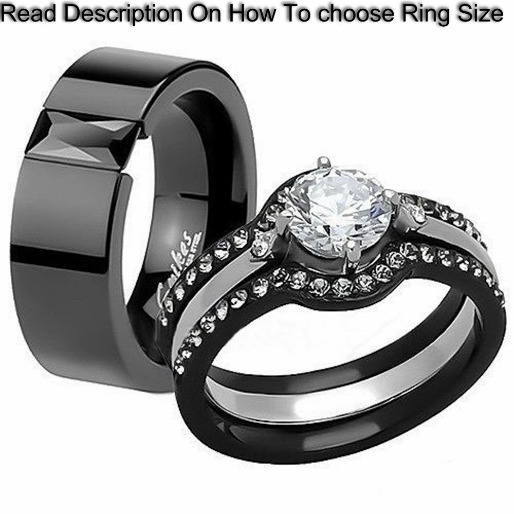 His and Hers 4 Pc Black Ion Plated Stainless Steel Wedding Engagement Ring Band Set Image 6