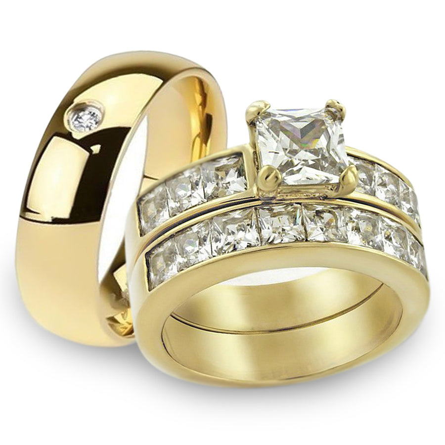 His and Her 14K G.P. Stainless Steel 3pc Wedding Engagement Ring and Mens Band Set Image 1