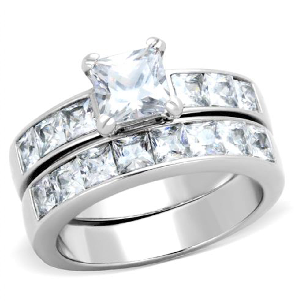 His and Her Stainless Steel 3pc Princess Wedding Ring Set and Mens Wedding Band Image 2