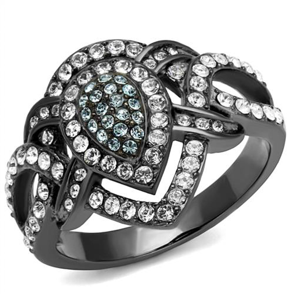 Light Black Stainless Steel Clear and Aqua Crystal Cocktail Ring Womens Size 5-10 Image 1