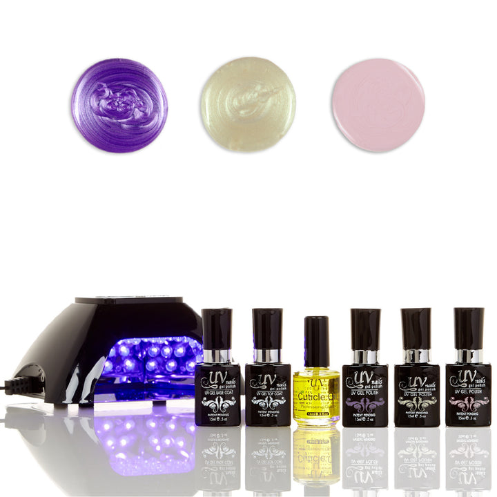 UV-NAILS Salon Quality Gel Polish Starter Kit with Black LED Lamp Colors: G75-G13-GL15 Image 1