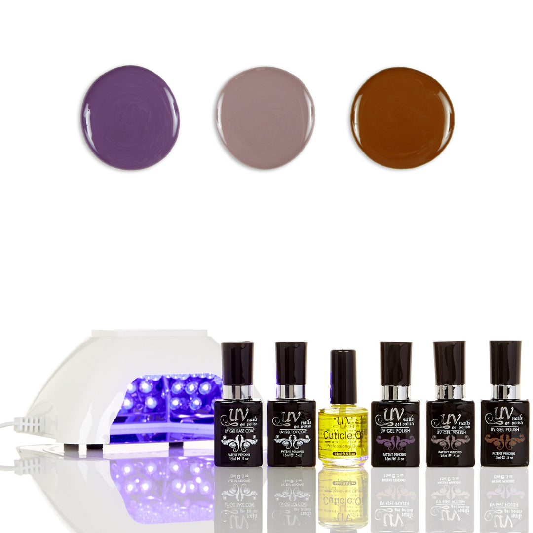 UV-NAILS Salon Quality Gel Polish Starter Kit with White LED Lamp Colors: G52-G27-G80 Image 1