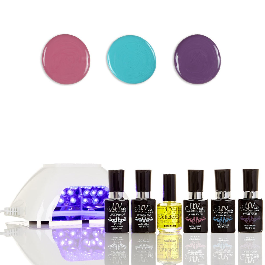 UV-NAILS Salon Quality Gel Polish Starter Kit with White LED Lamp Colors: G51-G52-G63 Image 1