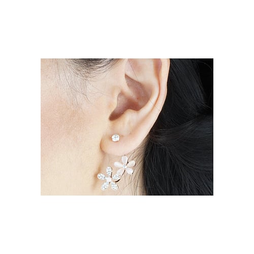 Bridesmaids Engagement Idea Beige Stone Crystal Flower Front Back Ear Jacket Earrings Image 1