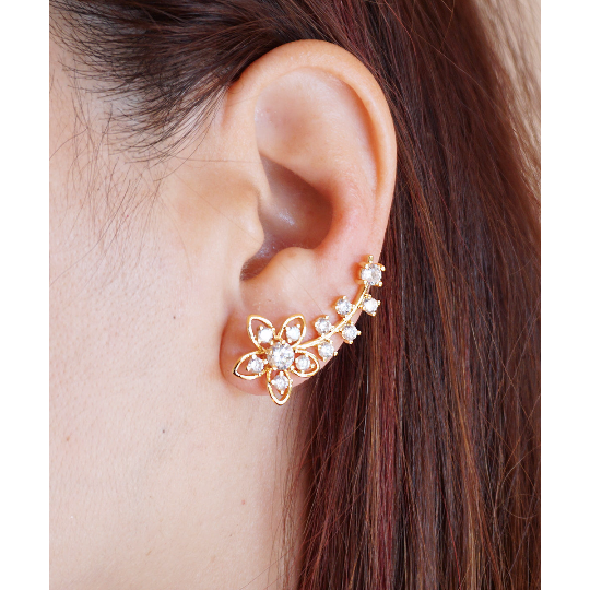 Flower Ear Climber Floral Ear Crawler Gold and Silver Flower Ear Crawlers Flower Ear Pins Crystal Ear Wraps Ear Cuffs Image 1